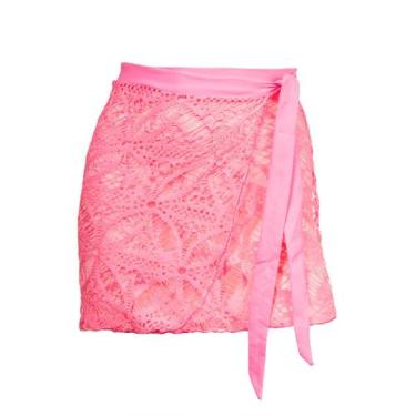 Imagem de Saia Curta Banana Rosa Transpasse Renda, Rosa neon, M