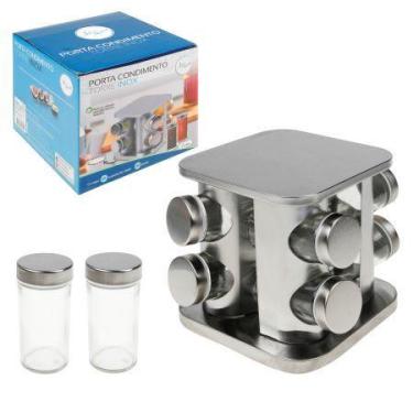 Imagem de Porta temperos c/ 8 peças de vidro base giratória aço inox 90ml - art 