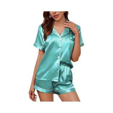 Imagem de Conjunto De Pijamas De Seda Satinada Para Mulheres, Camisa Com Botões 