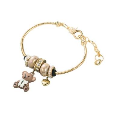 Imagem de Bracelete Berloque Dourado Urso Life Coração Love Rose Strass Ajustáve