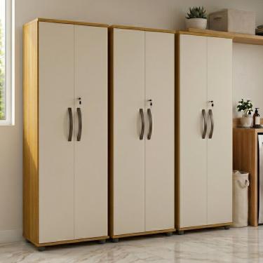 Imagem de Kit 3 Armários Multiuso Nala 2 Portas com Chave 4 Prateleiras MDP 60cm Cinamomo-off Whi...