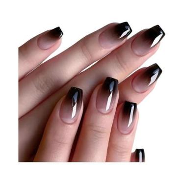 Imagem de Unhas Postiças Acrílicas Curtas Quadradas Pretas Brilhantes Com Gradie