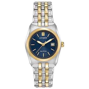 Imagem de Citizen Relógio feminino clássico Corso Eco-Drive, aço inoxidável, 3 ponteiros, ponteiros luminosos, Mostrador em dois tons dourado/azul, 28 mm