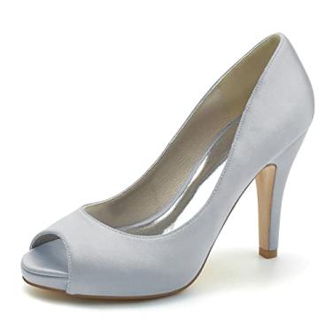 Imagem de Sapatos de noiva stiletto femininos escarpins de cetim marfim Peep Toe salto alto sapatos sociais,Silver,9 UK/42 EU