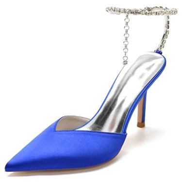 Imagem de Sapatos femininos com franjas e strass para casamento, salto fino, vestido de festa de formatura, Azul, 9