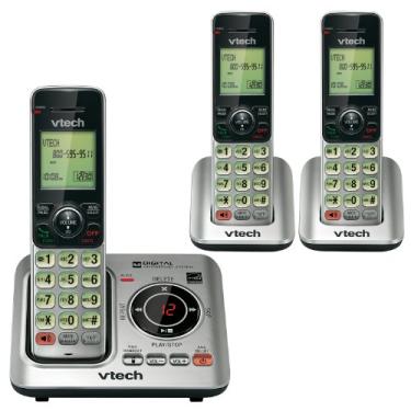 Imagem de VTech CS6629-3 DECT 6.0 expansível Telefone Sem Fio com sistema de atendimento e Caller ID / chamada em espera, de prata com 3 aparelhos, 6,9" x 6,7" x 5,2"