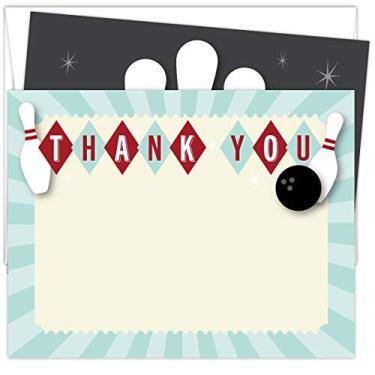 Imagem de Cartões de agradecimento de boliche da Koko Paper Co Conjunto de 25 cartões de nota plana vermelho e azul marinho 14 x 11 cm e envelopes brancos A2. Impresso em cartão pesado.