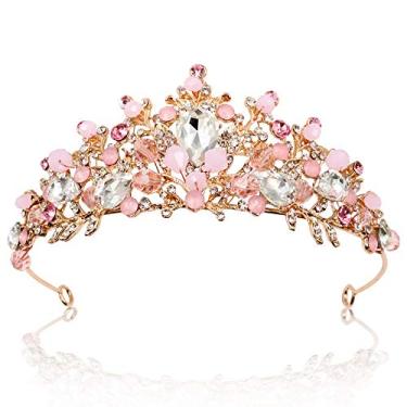 Imagem de NODG Tiaras e coroas de ouro rosa para mulheres, tiaras de casamento de cristal rosa para mulheres, festas de aniversário, tiaras de formatura, concurso, tiara de strass, coroa de noiva para noiva