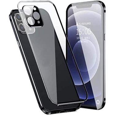 Imagem de GANYUU Capa para Apple iPhone 12 Pro (2020) 6,1 polegadas, adsorção magnética transparente dupla face vidro temperado HD capa de telefone, moldura de metal (cor: preto)