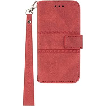Imagem de CYSUE Capa carteira para iPhone 14/14 Plus/14 Pro/14 Pro Max, capa flip com absorção de choque de couro PU vintage com alça de pulso capa de telefone de bukckle magnética para homens mulheres (cor: vermelho, tamanho: 14ProMax)