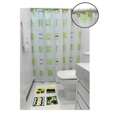 Imagem de Set Acessórios Banheiro Tapete Cortina Ganchos Para Cortina 3Pcs Green