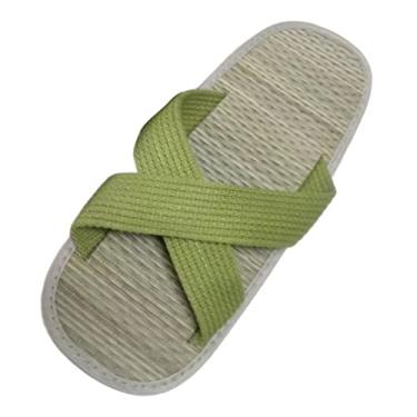 Imagem de Chinelos de praia para casa moda feminina sandálias femininas tapete de palha chinelos casual arco rattan grama chinelos femininos mocassim tamanho 9 (verde, 9,5)