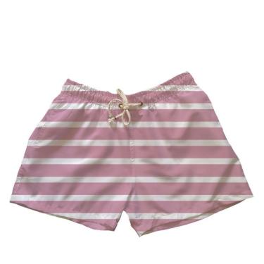 Imagem de Shorts Masculino Praia Tactel Mauricinho Curto Listrado Transversal Rosa e Branco