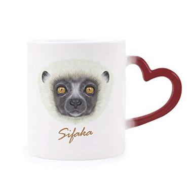 Imagem de Caneca branca fofa Sifaka macaco animal sensível ao calor caneca vermelha que muda de cor