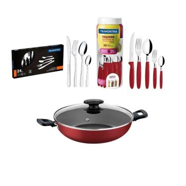 Imagem de Kit - Panela Wok Alumínio 28cm + 1 Faqueiro Vermelho 30pç + 1 Faqueiro Inox 24pç - Tramontina