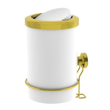 Imagem de Lixeira 8 Litros Tampa Basculante Com Suporte De Ventosa Para Cozinha Branco Dourado - 4036BCD Future