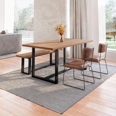 Imagem de Conjunto Mesa de Jantar Rústica e Banco de Madeira Maciça com Cadeiras Aço Roma Marrom/Preto
