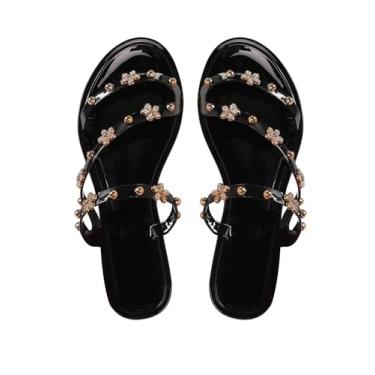 Imagem de OYOANGLE Sandálias femininas com tiras de decoração floral e tiras deslizantes sapatos de verão sandálias planas com contas de dedo aberto sandália deslizante, Preto, 7
