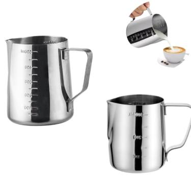 Imagem de kit 2 leiteira jarra inox 350 600ml cremeira pitcher barista Com Medidor