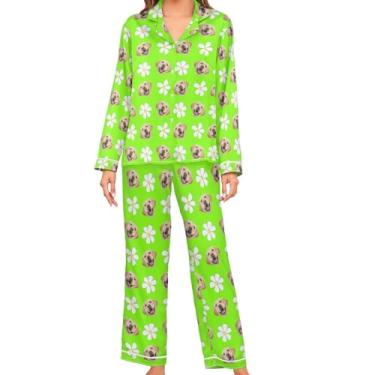 Imagem de JUNZAN Conjunto de pijama feminino de cetim coral personalizado manga comprida pijama pijama feminino macio com botões, Verde, GG