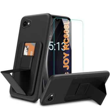 Imagem de Capa de telefone Orbic Joy 4G com protetor de tela de vidro temperado, porta-cartões/slots dobrável com suporte / suporte carteira à prova de choque capa protetora para Orbic Joy 4G RC608L - Preto
