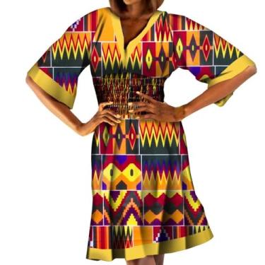Imagem de XIAOHUAGUA Vestidos africanos para mulheres, casual, gola V, cintura elástica franzida, boho, vestido curto, T2, P