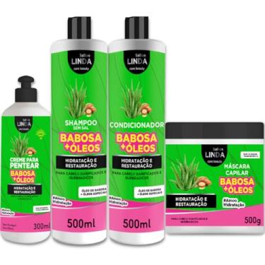 Imagem de Kit Combo Tratamento Capilar Linha Babosa + Óleos Shampoo Condicionador Máscara Hidratante 500ml Creme de Pentear 300ml Ultra Hidratação Sallon Linda