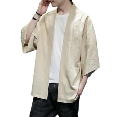 Imagem de BoShiNuo Jaqueta masculina quimono cardigã leve casual mistura de algodão linho sete mangas frente aberta casaco exterior, Caqui, G