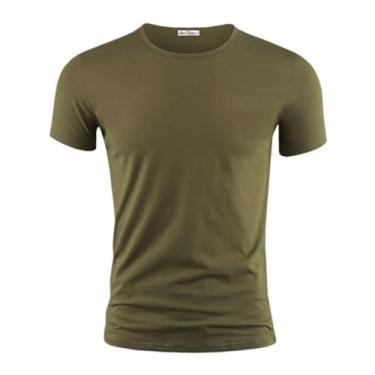 Imagem de Camiseta masculina cor pura gola V e O manga curta camisetas masculinas fitness para roupas masculinas 1, Gola redonda verde militar, 3G