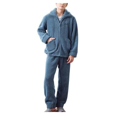 Imagem de Conjunto de pijama masculino de flanela de cor sólida, conjunto de pijama com zíper, 2 peças, Azul, 3G