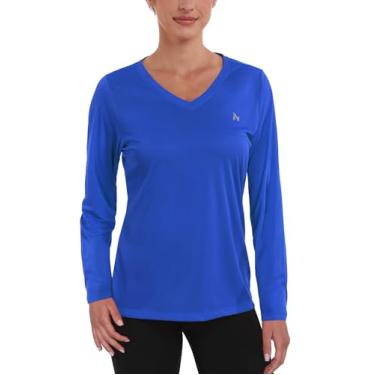 Imagem de Nepest Camisetas femininas FPS 50+ para sol dry fit atlético, corrida, manga comprida, gola V, Azul royal, G