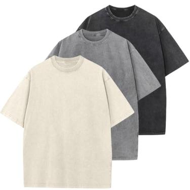 Imagem de Camisetas masculinas de algodão grandes folgadas vintage lavadas unissex manga curta camisetas casuais, Preto + cinza + bege, M