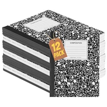 Imagem de 1InTheOffice Caderno de composição pautado universitário 24 x 19 cm, caderno de composição de papel, capa de mármore preto, 100 folhas, (pacote com 12)