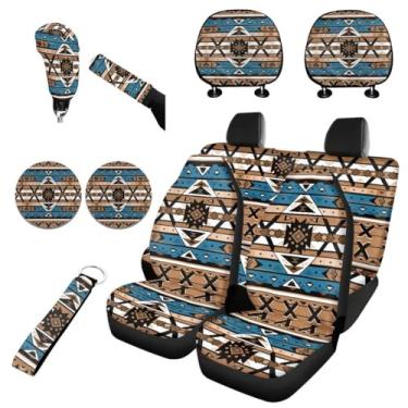 Imagem de Horeset Capa de assento de carro antiga asteca completa 11 peças conjunto com cordão Etnnic África chaveiro + almofada de copo de carro + capa de encosto de cabeça de assento de carro + botão de mudança de marchas e capa de freio de mão ajuste universal
