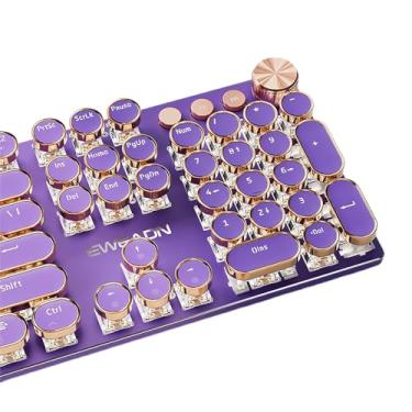 Imagem de TISHLED Teclado mecânico para jogos estilo máquina de escrever branco retroiluminado por LED 104 teclas NKRO interruptores rosa teclas redondas retrô anel dourado botão de volume painel de metal com