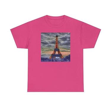 Imagem de Torre Eiffel ao pôr do sol - Camiseta unissex de algodão pesado, Helicônia, P