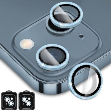 Imagem de OUYTEU Pacote com 2 protetores de lente de câmera (azul) para iPhone 15 e iPhone 15 Plus, capa de câmera com anel de metal de vidro temperado 9H, Ultra HD, antiarranhões, compatível com capas, compatível com iPhone 14 e iPhone 14 Plus