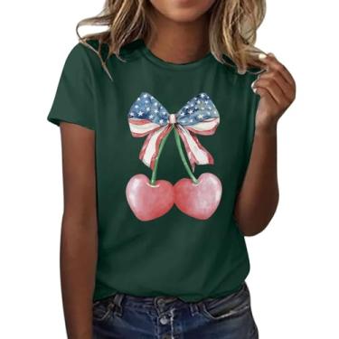 Imagem de PKDong Camiseta feminina 4 de julho coração cereja laço estampado camiseta manga curta gola redonda camiseta plus size para mulheres, Verde, M