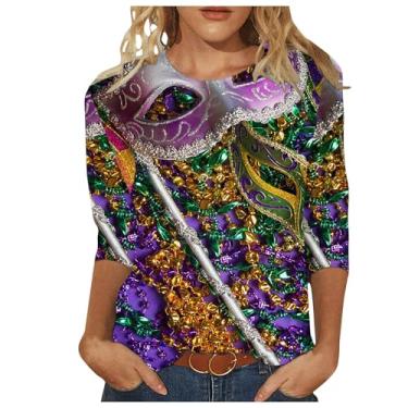 Imagem de Camisetas femininas de Mardi Gras 2024, manga 3/4, casual, estampada, blusas elegantes, folgadas, para o carnaval, A24#multicor, XXG