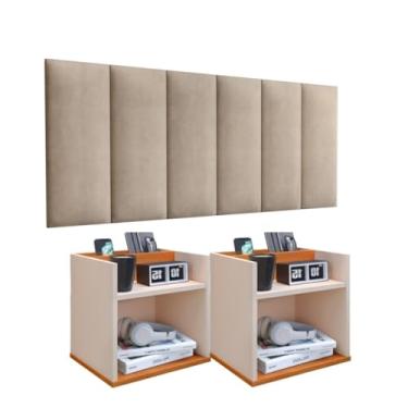 Imagem de Kit 2 Mesas de Cabeceira Off White Cinamomo Suspensas E Cabeceira Bege Suspensa Estofada Suede Cama Box Tipo Painel Para Parede (Queen)