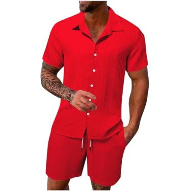 Imagem de Conjunto de camisetas masculinas de verão, outono, renda, linho, 2 peças, 2024, B-284 Vermelho, X-Large