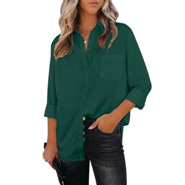 Imagem de Aoudery Camisas femininas de botão, manga comprida, gola sem rugas, gola V, trabalho, escritório, túnica de chiffon, Verde escuro, P