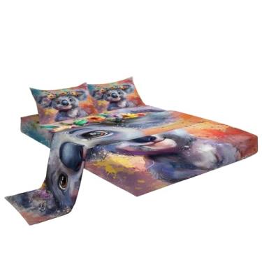 Imagem de Eojctoy Jogo de cama casal com estampa de coala em aquarela de microfibra super macia, 4 peças, 1 lençol com elástico, 1 jogo de lençol com elástico e 2 fronhas, 40 cm de profundidade para quarto de