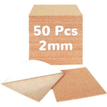 Imagem de KITLAB 50 folhas de cortiça autoadesivas de 2 mm para porta-copos DIY, tapete quadrado de 10 cm de espessura com suporte adesivo forte para artesanato faça você mesmo placa de cortiça adesiva