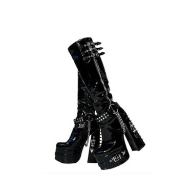 Imagem de Frankie Hsu Botas góticas sexy de salto alto com plataforma grossa, corrente de prata envernizada, rebites, fivela gótica, punk Y2K Hot Girl, tamanho grande, grande, sapatos de panturrilha larga para