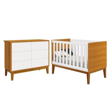 Imagem de Jogo De Quarto Infantil Classic Cômoda 6 Gavetas E Berço Branco/savana Com Pés Amadeirado - Reller Móveis Branco/savana