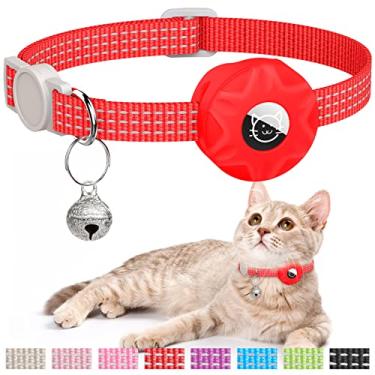 Imagem de Hoeraonr Coleira para gatos AirTag, coleira reflexiva para gatinhos breakaway Apple Air Tag GPS com suporte e sino, coleiras rastreadoras leves para meninas, meninos, gatinhos, filhotes (vermelha)