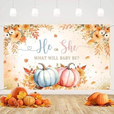 Imagem de MEHOFOND Faixa de revelação de gênero abóbora outono outono gênero revelação de festa suprimentos de decoração de festa folhas de bordo ele ou ela fundo rosa ou azul adereços de cabine de fotos 1,8 x