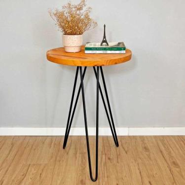 Imagem de Mesa de Canto Circular de Ferro e Madeira Industrial Hairpin Carvalho 