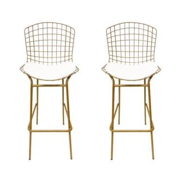 Imagem de Kit 2 Banquetas BERTÓIA dourado fosco assento branco tubular altura 70